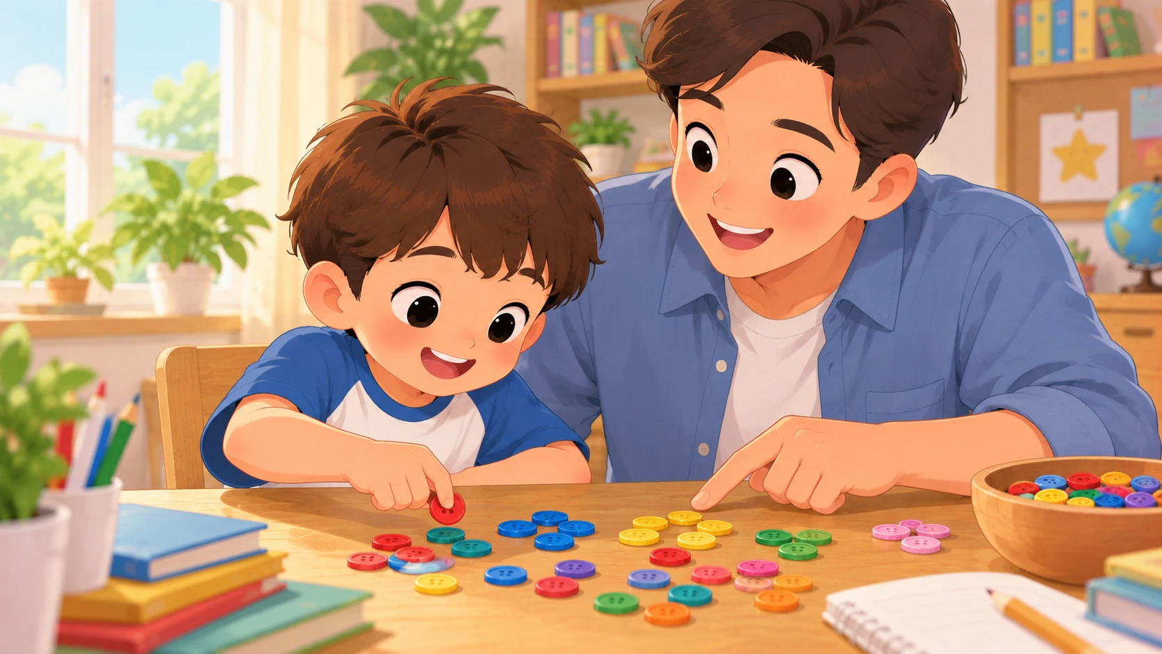 Anak SD tersenyum menghitung kancing warna-warni bersama ayahnya di meja belajar