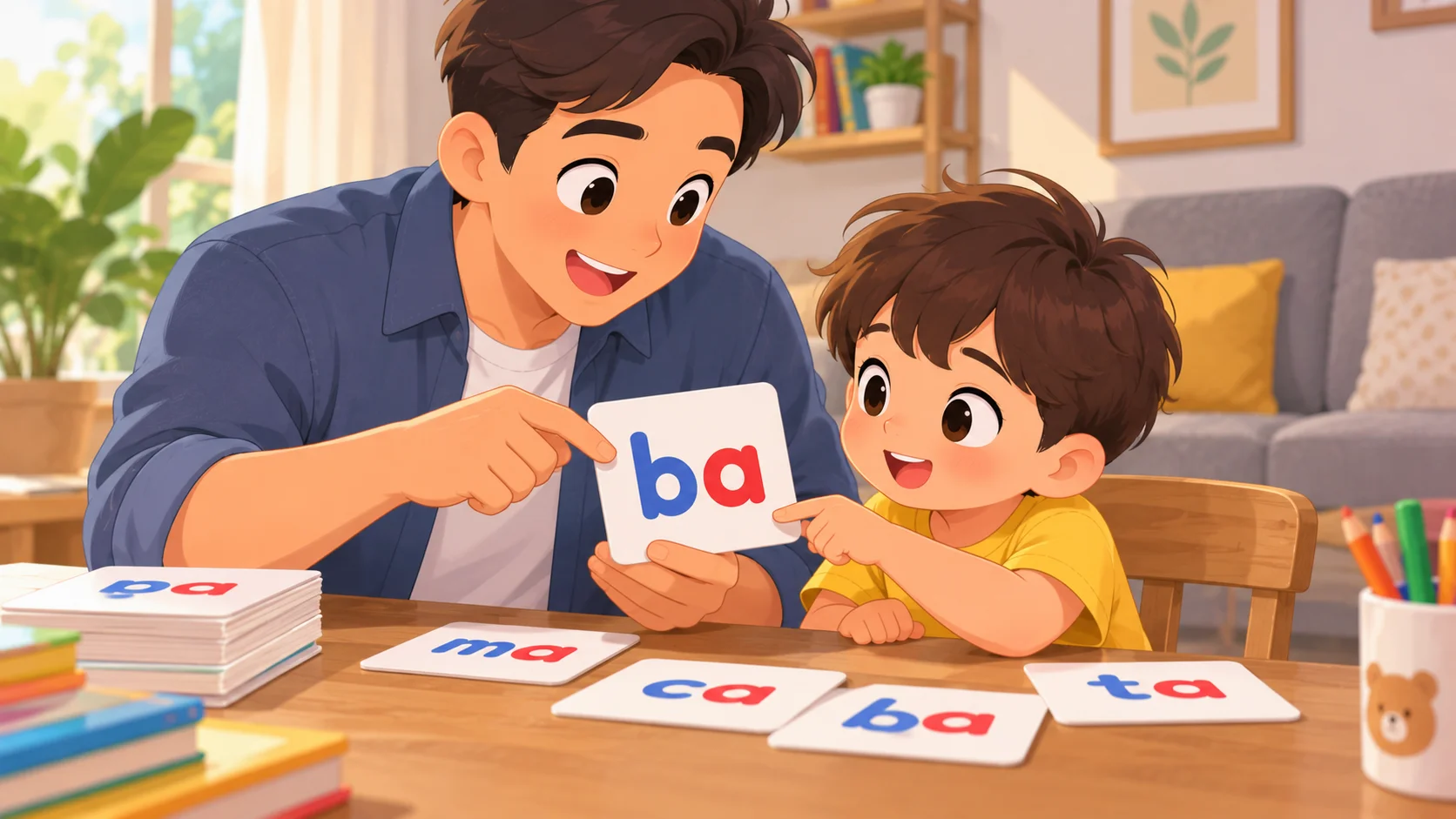 Ayah dan anak usia 4 tahun belajar membaca suku kata dengan kartu huruf di rumah