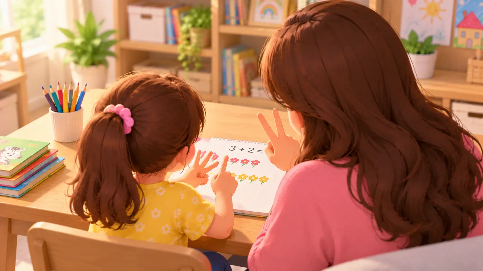 Anak perempuan usia 5 tahun menghitung dengan jari di meja belajar bersama ibunya