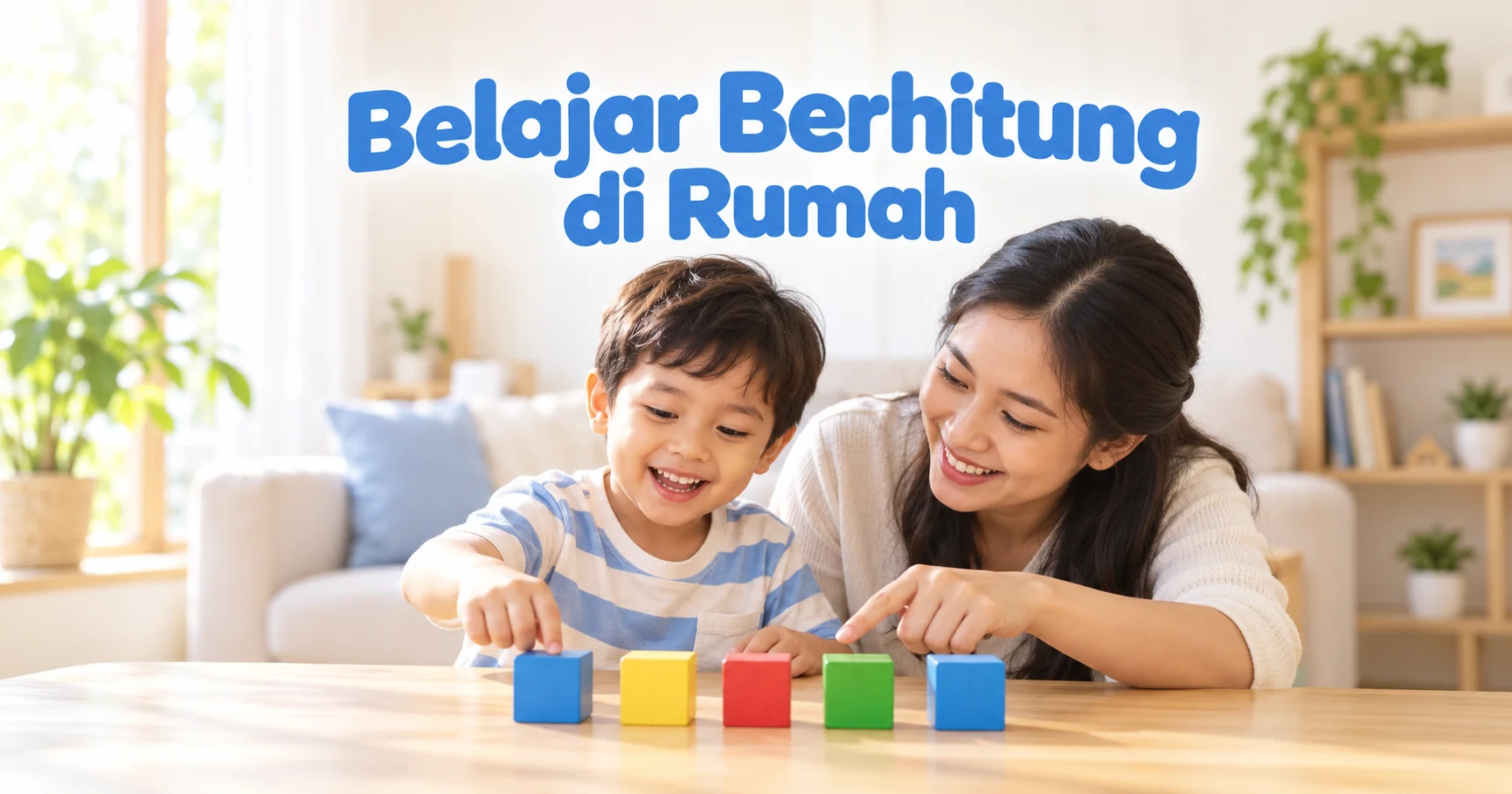 Anak menghitung balok warna-warni bersama orang tuanya di rumah
