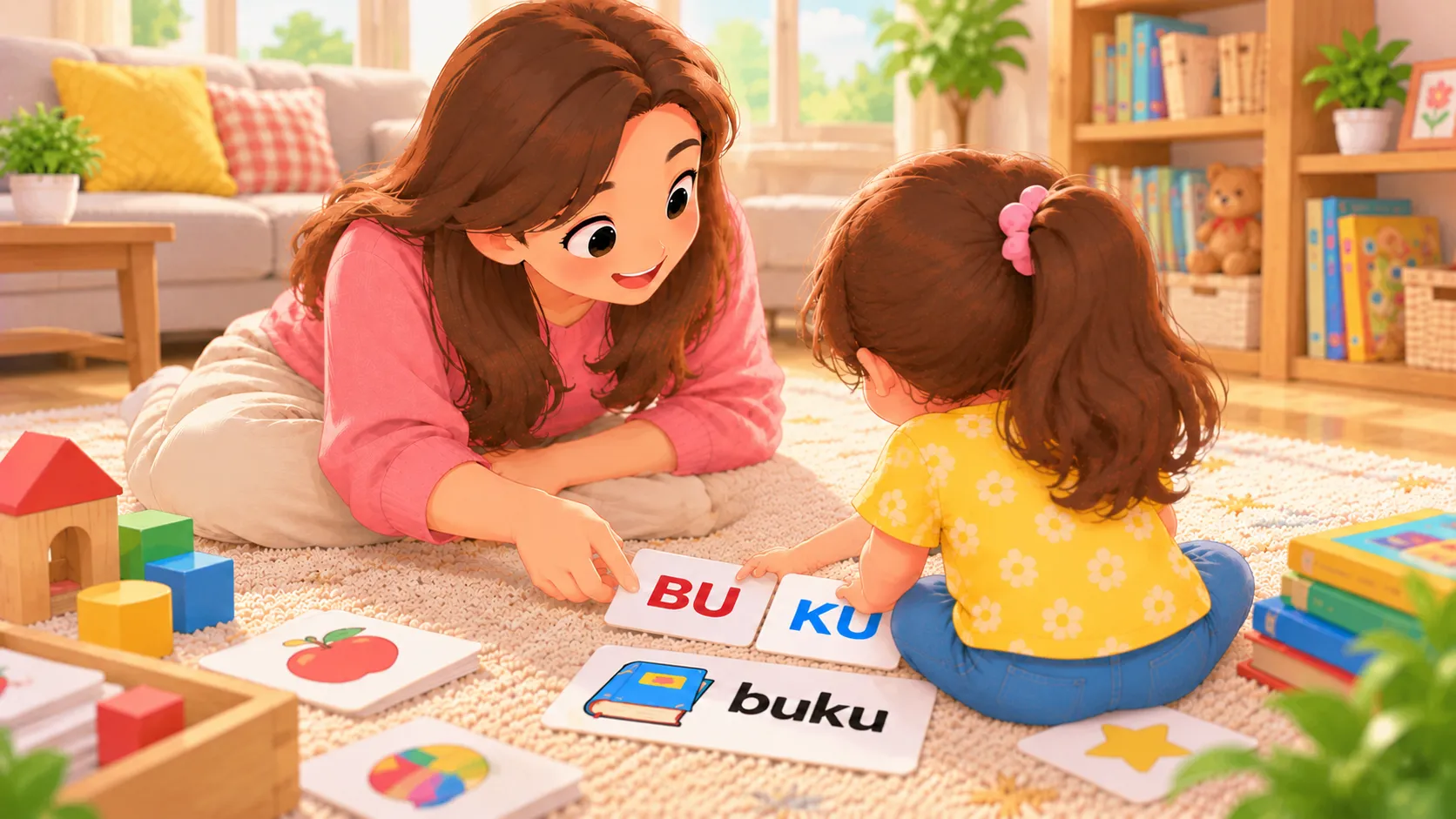 Ibu dan anak usia 5 tahun menyambung kartu suku kata BU dan KU menjadi kata buku di lantai rumah