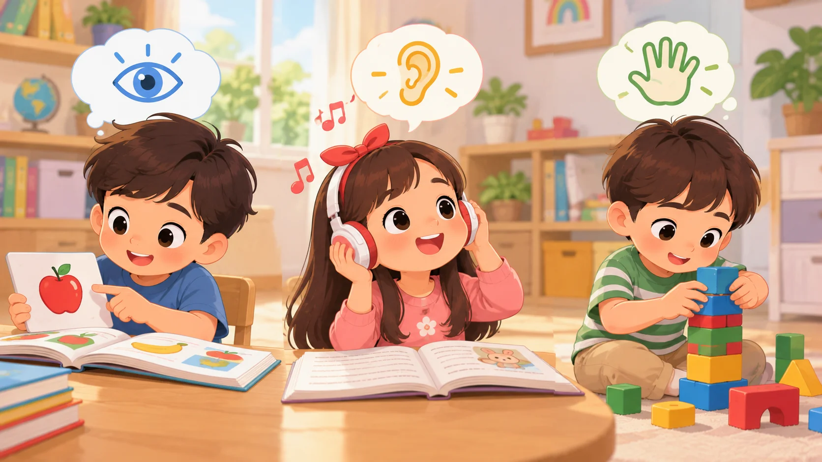 Tiga anak belajar dengan cara berbeda, ilustrasi gaya belajar anak visual auditori kinestetik