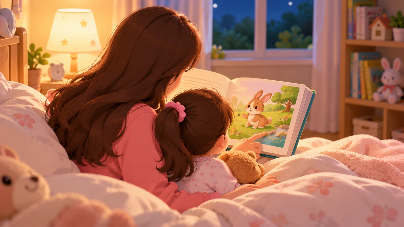 Ibu membacakan buku cerita bergambar untuk anak balita sebelum tidur