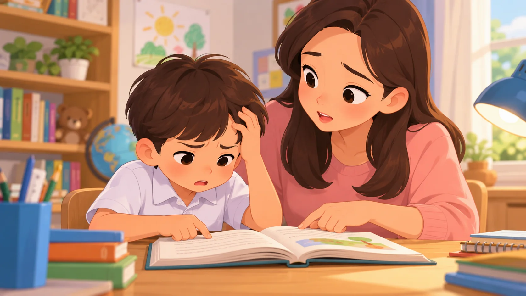 Ibu mendampingi anak usia SD yang terlihat kesulitan membaca buku di meja belajar, ilustrasi tanda anak kesulitan membaca