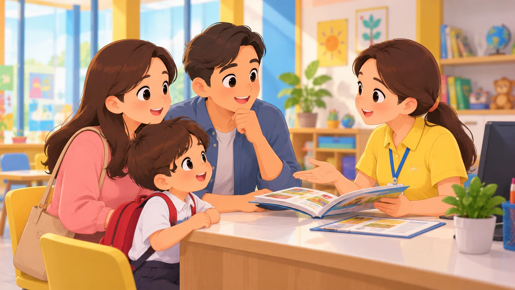 Orang tua dan anak SD berbincang dengan guru di meja resepsionis tempat bimbel sebelum mencoba kelas