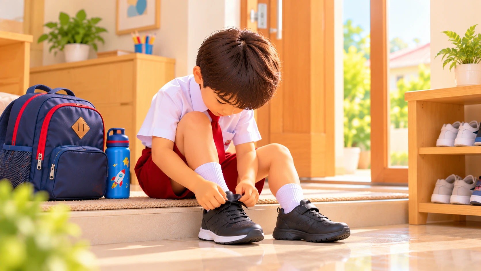 Anak usia 6 tahun memakai sepatu sendiri sebelum berangkat sekolah