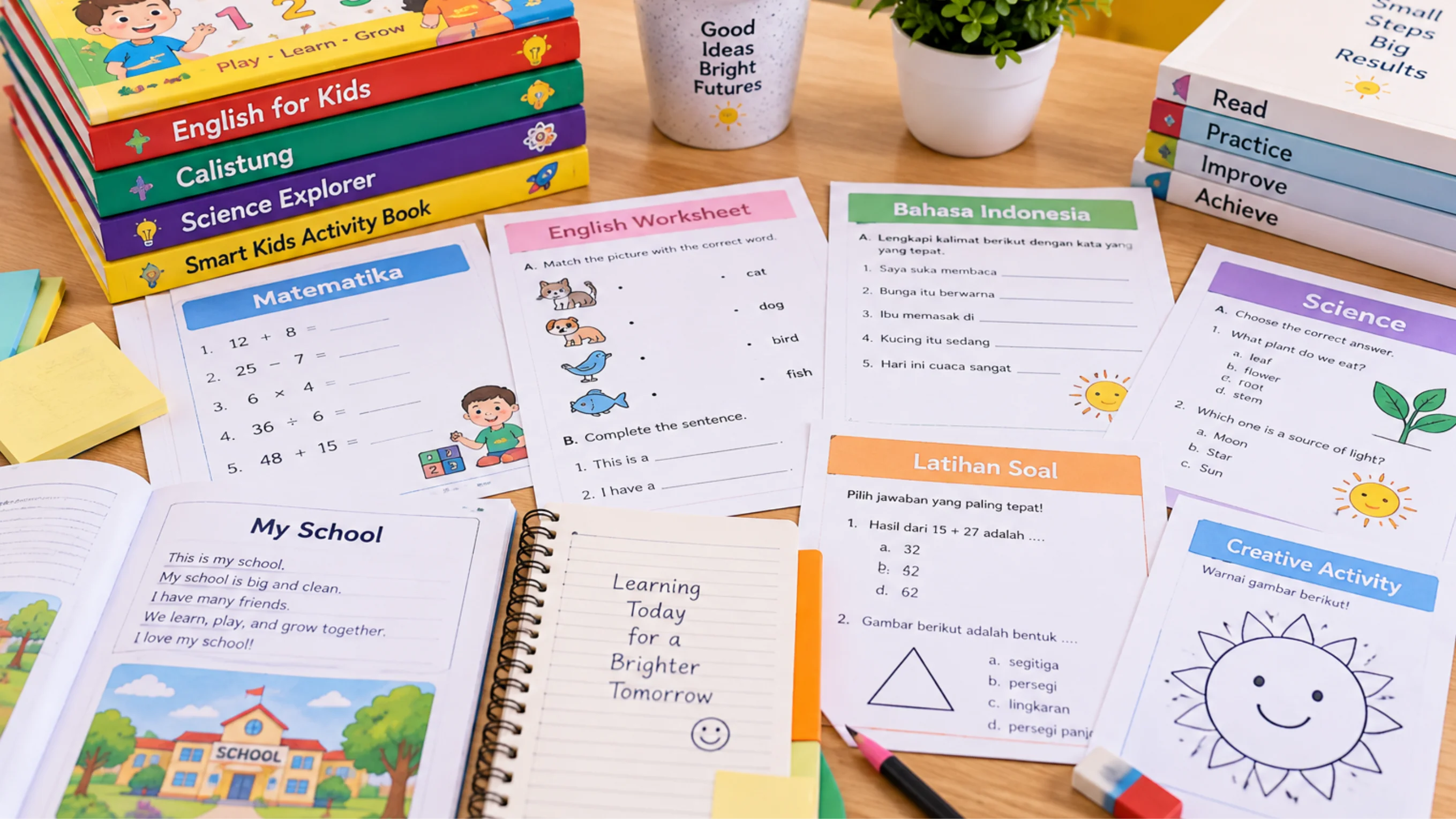 Contoh bank soal dan lembar latihan Bimbel Smartkidz untuk anak SD, meliputi Matematika, Bahasa Indonesia, Bahasa Inggris, dan IPA.