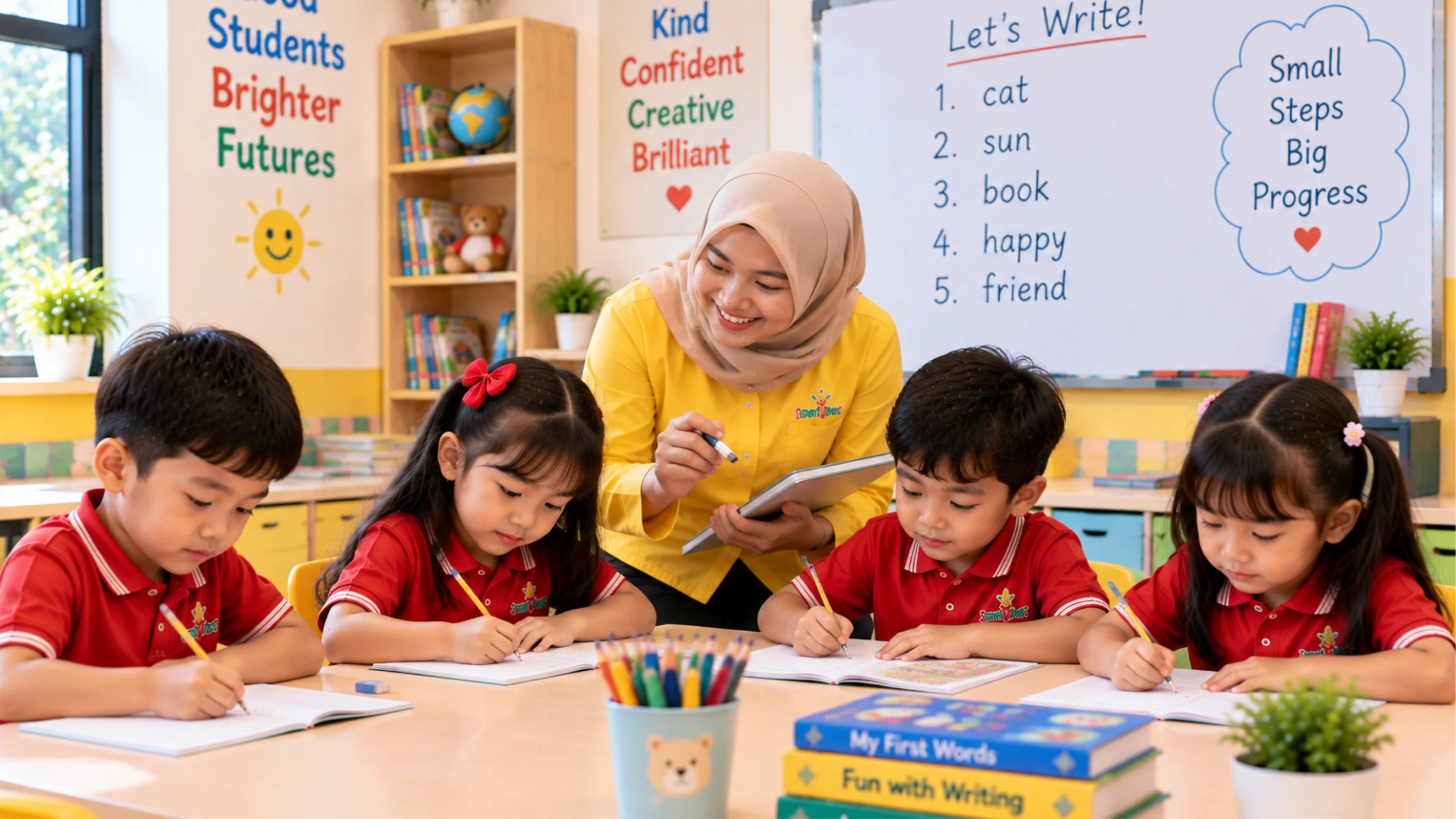 Guru Bimba Smartkidz mendampingi empat anak belajar menulis di buku latihan untuk mengembangkan kemampuan menulis dan literasi sejak usia dini.